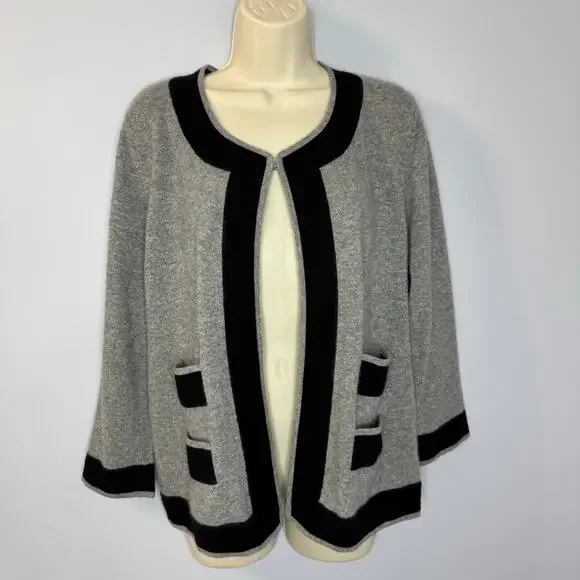 Neiman Marcus Cashmere Grey Black Trim Cardigan Sweater Feminist Luxury Womens L - Picture 9 of 9
